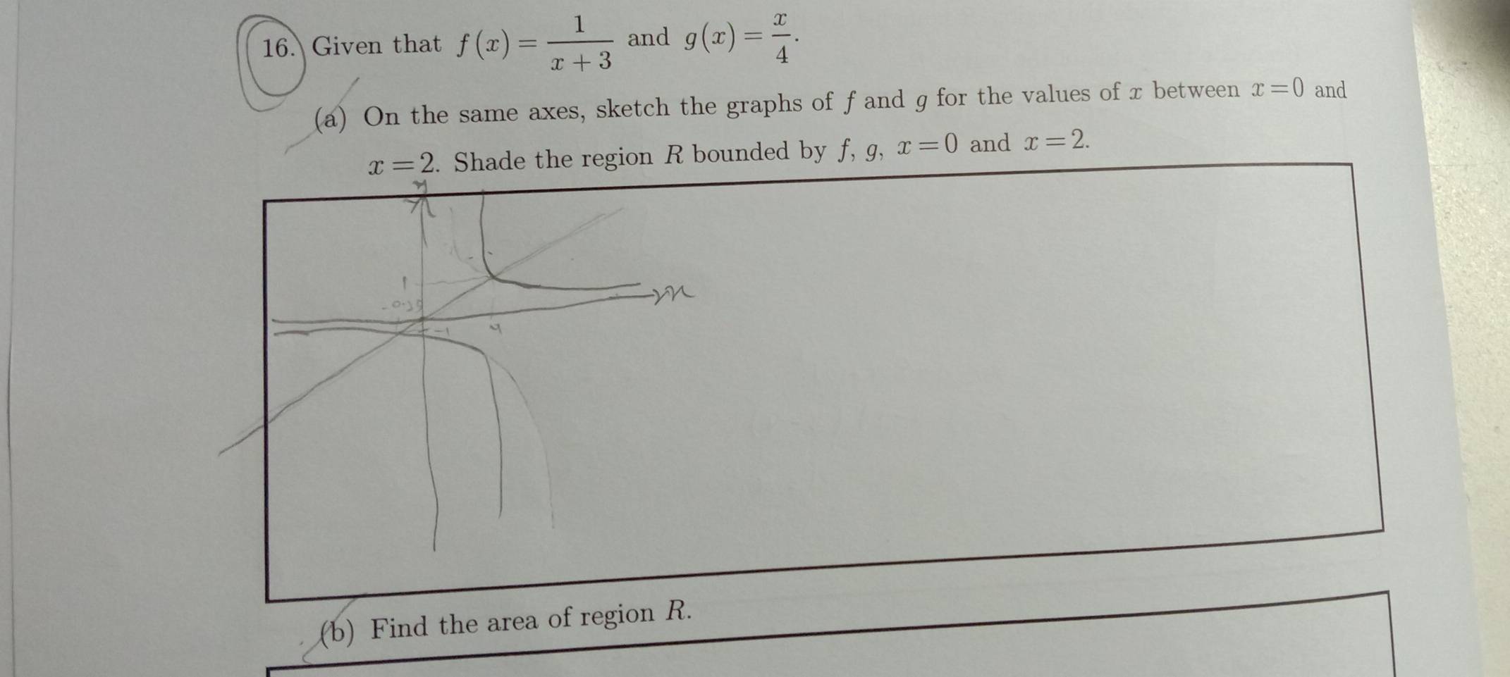 Given that f(x)= 1/x+3  and g(x)= x/4 . 
(a) On the same axes, sketch the graphs of f and g for the values of x between x=0 and
x=2. Shade the region R bounded by f, g, x=0 and x=2. 
(b) Find the area of region