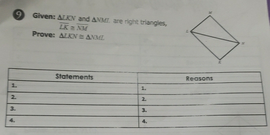 Given: △ LKN and △ NMI are right triangles,
overline LK≌ overline NM
Prove: △ LKN≌ △ NML