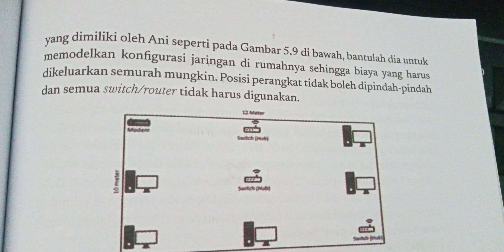 yang dimiliki oleh Ani seperti pada Gambar 5.9 di bawah, bantulah dia untuk 
memodelkan konfigurasi jaringan di rumahnya sehingga biaya yang harus 
dikeluarkan semurah mungkin. Posisi perangkat tidak boleh dipindah-pindah 
dan semua switch/router tidak harus digunakan.