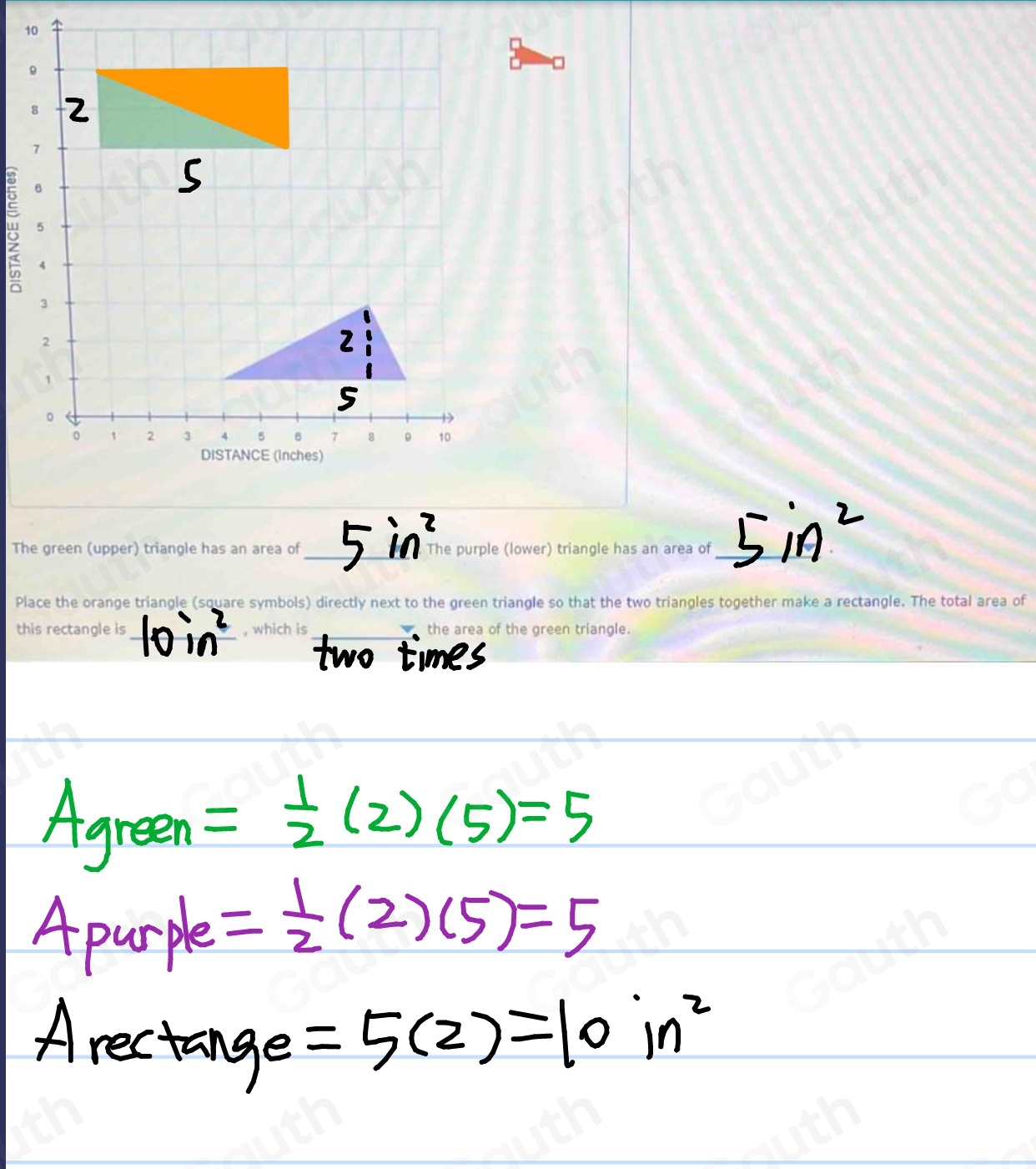 Solved: The green (upper) triangle has an area of _. The purple (lower ...