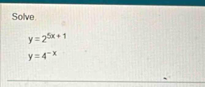 Solve.
y=2^(5x+1)
y=4^(-x)