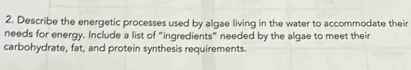 Describe the energetic processes used by algae living in the water to accommodate their 
needs for energy. Include a list of “ingredients” needed by the algae to meet their 
carbohydrate, fat, and protein synthesis requirements.