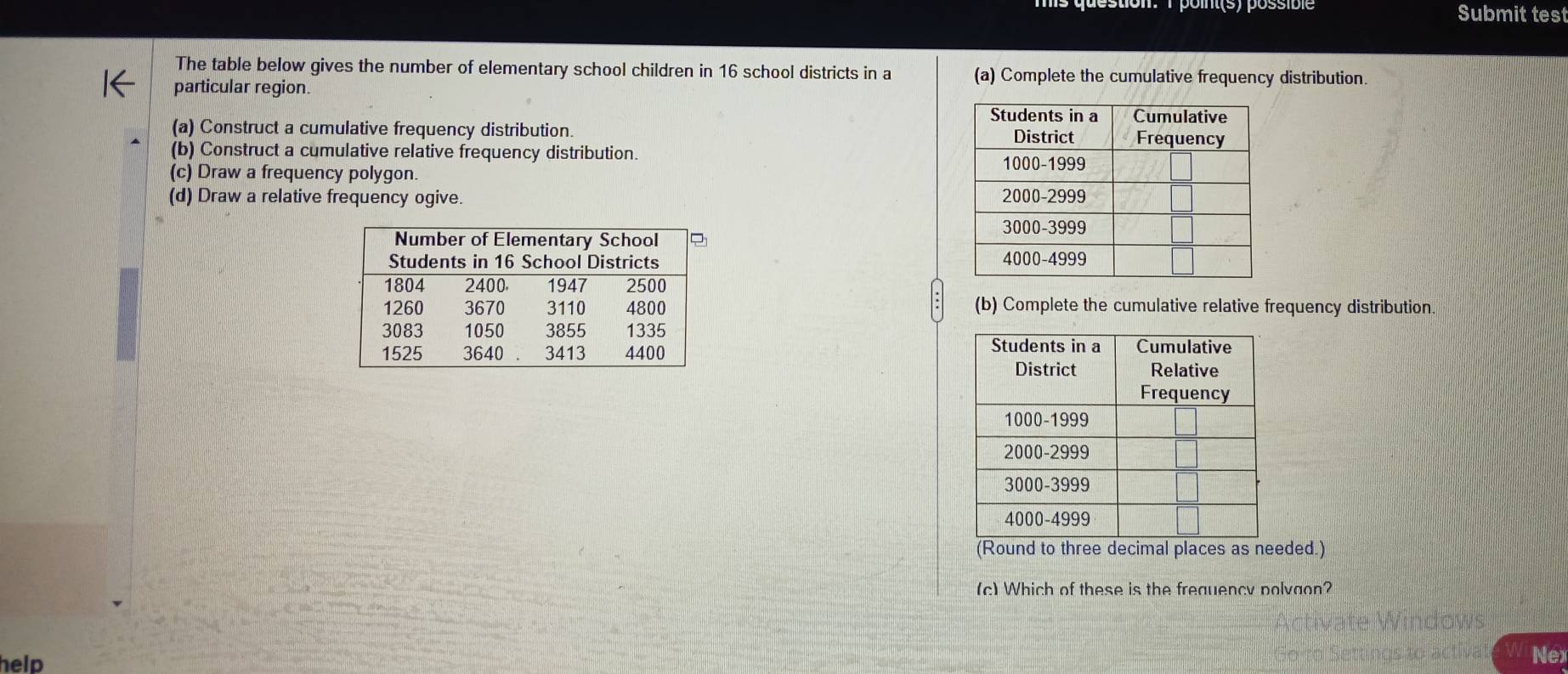 Submit test 
The table below gives the number of elementary school children in 16 school districts in a (a) Complete the cumulative frequency distribution. 
particular region. 
(a) Construct a cumulative frequency distribution. 
(b) Construct a cumulative relative frequency distribution. 
(c) Draw a frequency polygon. 
(d) Draw a relative frequency ogive. 

(b) Complete the cumulative relative frequency distribution. 

(Round to three decimal places as needed.) 
(c) Which of these is the frequency polvaon? 
help Nex