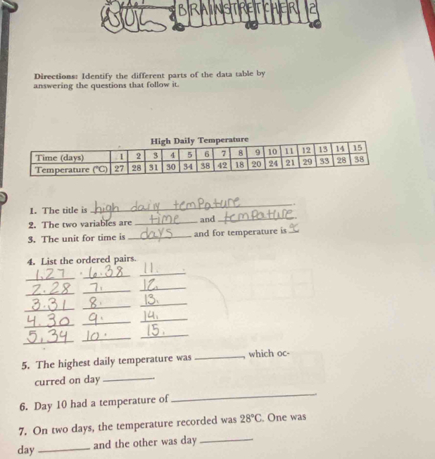 Directions: Identify the different parts of the data table by
answering the questions that follow it.
_..
1. The title is
2. The two variables are _and_
3. The unit for time is _and for temperature is_
4. List the ordered pairs.
_
_.
_
_
_
_
_
_
_
_
_
_
_
_
_
5. The highest daily temperature was _which oc-
curred on day
_
6. Day 10 had a temperature of
_
7. On two days, the temperature recorded was 28°C. One was
day _and the other was day_