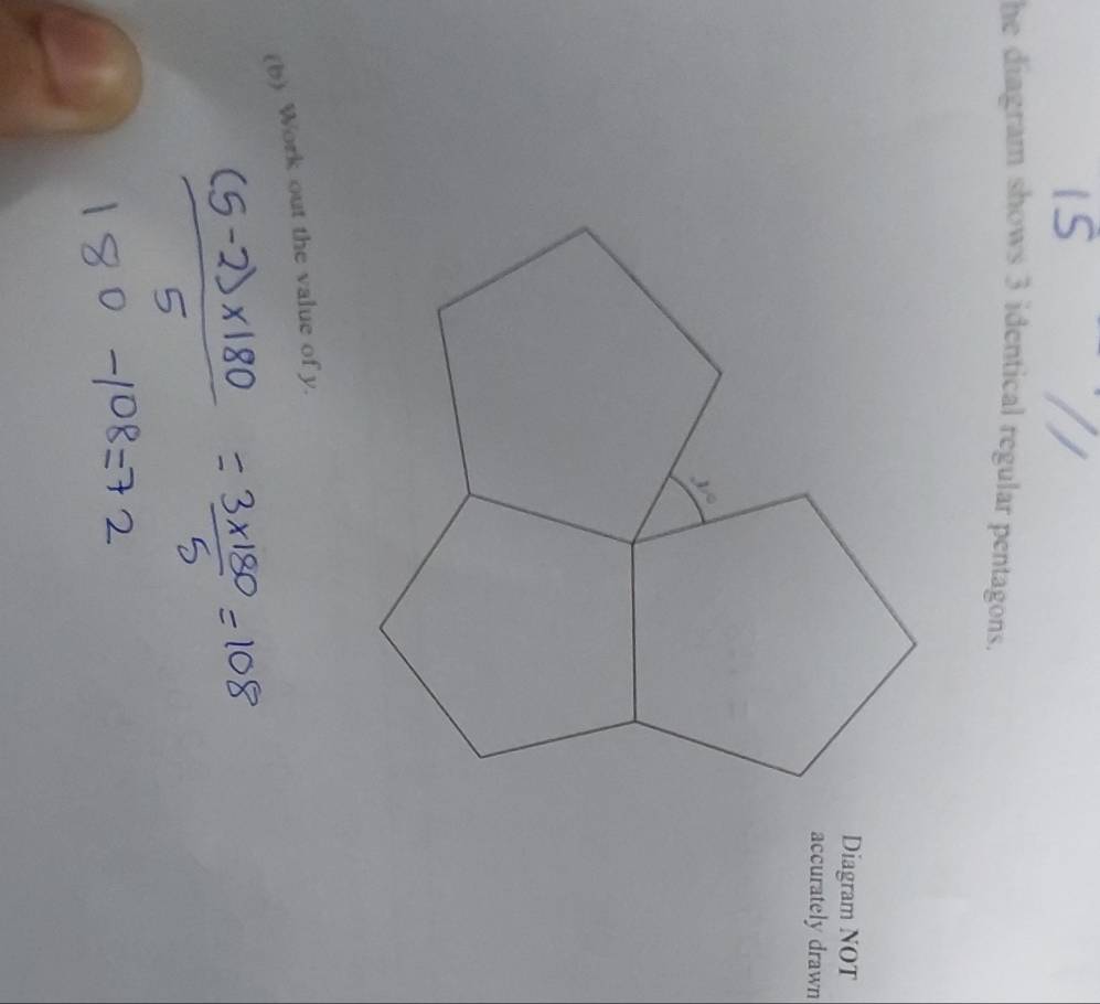 he diagram shows 3 identical regular pentagons.
Diagram NOT
accurately drawn
(b) Work out the value of y.