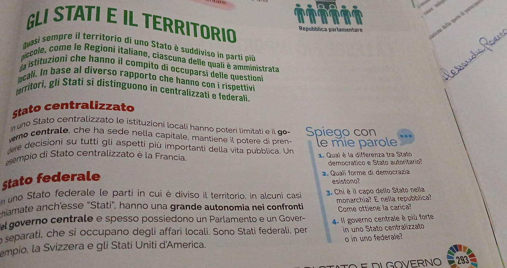 re 

GLI STATI E IL TERRITORIO 
zione della quota de partncipa 
Repubblica parlamentare 
Quasi sempre il territorio di uno Stato è suddiviso in parti più 
piccole, come le Regioni italiane, ciascuna delle quali è amministrata 
da istituzioni che hanno il compito di occuparsi delle questioni 
locali. In base al diverso rapporto che hanno con i rispettivi 
territori, gli Stati si distinguono in centralizzati e federali. 
Stato centralizzato 
I uno Stato centralizzato le istituzioni locali hanno poteri limitati e il go- Spiego con 
vero centrale, che ha sede nella capitale, mantiene il potere di pren- le mie parole 
dere decisioni su tutti gli aspetti più importanti della vita pubblica. Un 
esempio di Stato centralizzato è la Francia. 
2. Qual è la differenza tra Stato 
democratico e Stato autoritario? 
Stato federale 
2. Quali forme di democrazia 
esistono? 
Um uno Stato federale le parti in cui è diviso il territorio, in alcuni casi 3. Chi è il capo dello Stato nella 
hiamate anch'esse “Stati”, hanno una grande autonomia nei confronti monarchia? E nella repubblica? 
Come ottiene la carica? 
el governo centrale e spesso possiedono un Parlamento e un Gover- 4. Il governo centrale è più forte 
o separati, che si occupano degli affari locali. Sono Stati federali, per 
in uno Stato centralizzato 
empio, la Svizzera e gli Stati Uniti d'America. o in uno federale? 
E DLGOVERNO 293