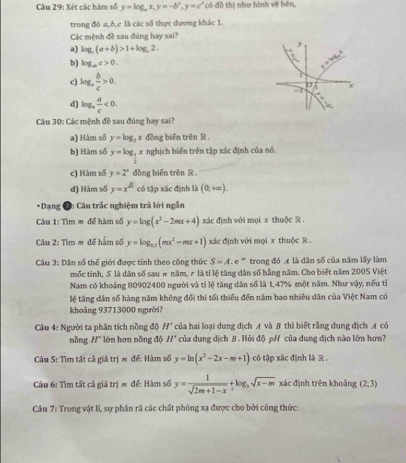 Xét các hàm số y=log _ax,y=-b^x,y=c^x có đồ thị như hình vẽ bēn,
trong đó a,b,c là các số thực dương khác 1.
Các mệnh đề sau đủng hay sai?
a) log _r(a+b)>1+log _r2.
b) log _abc>0.
c) log _a b/c >0.
d) log _b a/c <0.
Câu 30: Các mệnh đề sau đúng hay sai?
a) Hàm số y=log _2x đồng biến trên R .
b) Hàm số y=log _ 1/2 x nghịch biến trên tập xác định của nó.
c) Hàm số y=2^x đồng biến trên R .
d) Hàm số y=x^(sqrt(2)) có tập xác định là (0;+∈fty ).
*  Dạng 4: Câu trắc nghiệm trả lời ngắn
Câu 1: Tìm m để hàm số y=log (x^2-2mx+4) xác định với mọi x thuộc R .
Câu 2: Tìm m để hầm số y=log _0.5(mx^2-mx+1) xác định với mọi x thuộc R  .
Câu 3: Dân số thế giới được tính theo công thức S=A L e * trong đó A là dân số của năm lấy làm
mốc tính, S là dân số sau # năm, ₹ là tỉ lệ tăng dân số hằng năm. Cho biết năm 2005 Việt
Nam có khoảng 80902400 người và tỉ lệ tăng dân số là 1,47% một năm. Như vậy, nếu tỉ
lệ tăng dân số hàng năm không đổi thì tối thiểu đến năm bao nhiêu dân của Việt Nam có
khoảng 93713000 người?
Câu 4: Người ta phân tích nồng độ H' của hai loại dung dịch A và B thì biết rằng dung dịch A có
nồng H° lớn hơn nồng độ H° của dung dịch B . Hỏi độ pH của dung dịch nào lớn hơn?
Câu 5: Tìm tất cả giá trị m đế: Hàm số y=ln (x^2-2x-m+1) có tập xác định là R ,
Câu 6: Tìm tất cả giá trị m đế: Hàm số y= 1/sqrt(2m+1-x) +log _3sqrt(x-m) xác định trên khoảng (2;3)
Câu 7: Trong vật lí, sự phân rã các chất phóng xạ được cho bởi công thức: