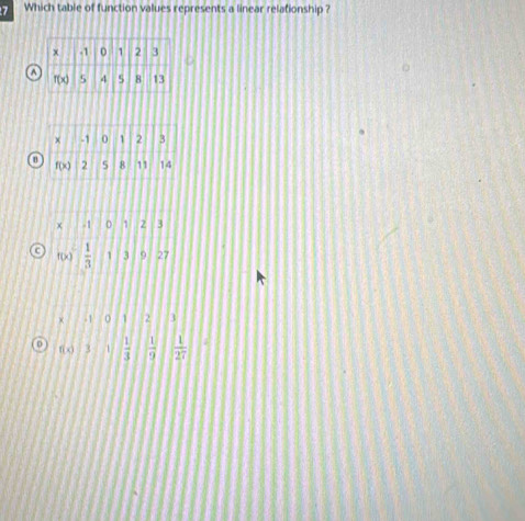 Which table of function values represents a linear relationship ?