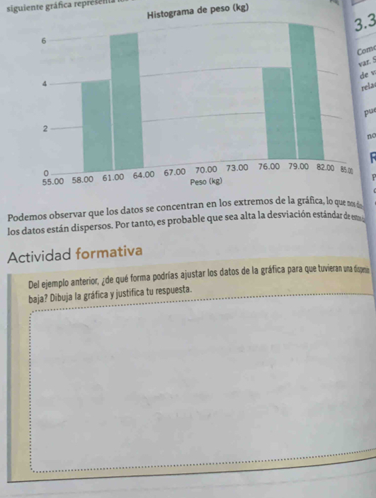 siguiente gráfica représenta 
Histograma de peso (kg)
3.3
Come 
var. S 
de v 
rela 
pue 
no 
R 

Podemos observar que los datos se concentran en los extremos de la gráfica, lo que nos dn 
los datos están dispersos. Por tanto, es probable que sea alta la desviación estándar de esta 
Actividad formativa 
Del ejemplo anterior, ¿de qué forma podrías ajustar los datos de la gráfica para que tuvieran una dispena 
baja? Dibuja la gráfica y justifica tu respuesta.