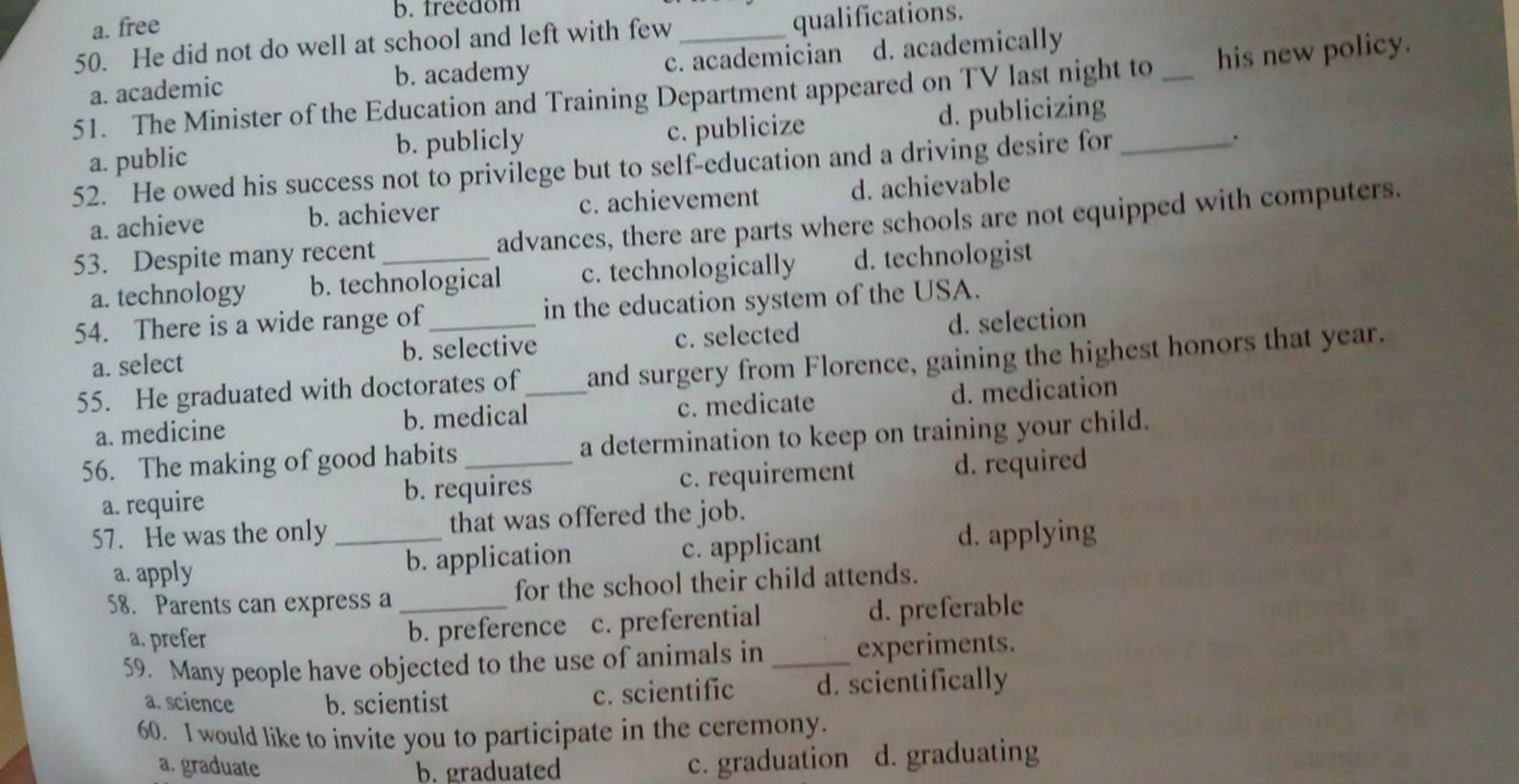 b. freedom
a. free
50. He did not do well at school and left with few _qualifications.
a. academic c. academician d. academically
b. academy
51. The Minister of the Education and Training Department appeared on TV last night to _his new policy.
a. public b. publicly c. publicize d. publicizing
52. He owed his success not to privilege but to self-education and a driving desire for _.
a. achieve c. achievement d. achievable
b. achiever
53. Despite many recent _advances, there are parts where schools are not equipped with computers.
a. technology b. technological c. technologically d. technologist
54. There is a wide range of _in the education system of the USA.
a. select b. selective c. selected d. selection
55. He graduated with doctorates of _and surgery from Florence, gaining the highest honors that year.
a. medicine b. medical c. medicate d. medication
56. The making of good habits _a determination to keep on training your child.
a. require b. requires c. requirement d. required
57. He was the only _that was offered the job.
a. apply b. application c. applicant
d. applying
58. Parents can express a _for the school their child attends.
a. prefer b. preference c. preferential d. preferable
59. Many people have objected to the use of animals in _experiments.
a. science b. scientist c. scientific d. scientifically
60. I would like to invite you to participate in the ceremony.
a. graduate b. graduated c. graduation d. graduating