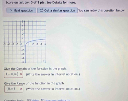 Score on last try: 0 of 1 pts. See Details for more. 
Next question Get a similar question You can retry this question below 
Give the Domain of the function in the graph.
(-∈fty ,∈fty )x (Write the answer in interval notation.) 
Give the Range of the function in the graph.
(0,∈fty ) (Write the answer in interval notation.) 
Quertion Heln Message instrüctor