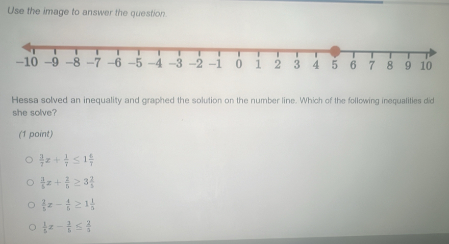 Use the image to answer the question.
Hessa solved an inequality and graphed the solution on the number line. Which of the following inequalities did
she solve?
(1 point)
 3/7 x+ 1/7 ≤ 1 6/7 
 3/5 x+ 2/5 ≥ 3 2/5 
 2/5 x- 4/5 ≥ 1 1/5 
 1/5 x- 3/5 ≤  2/5 