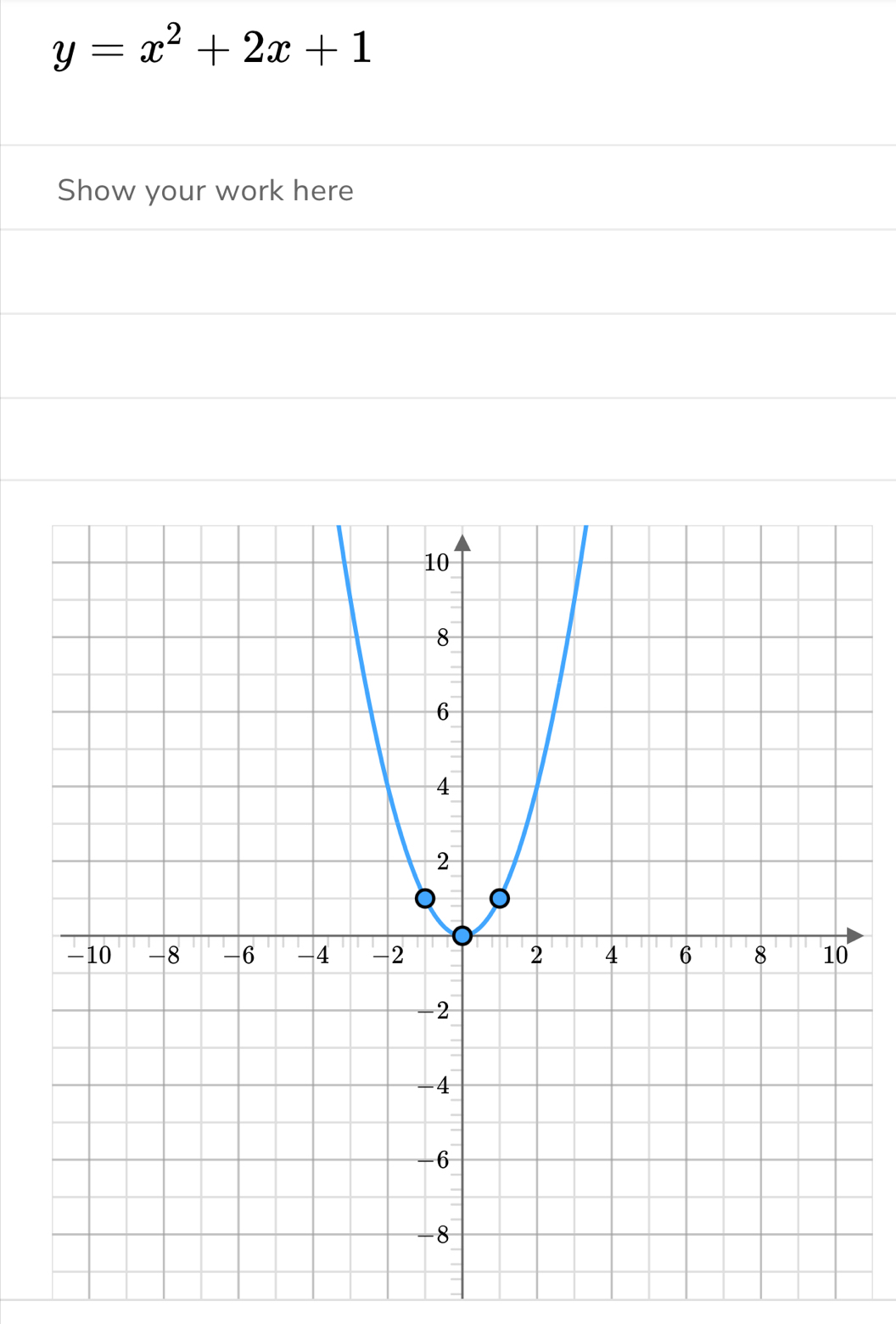 y=x^2+2x+1
Show your work here