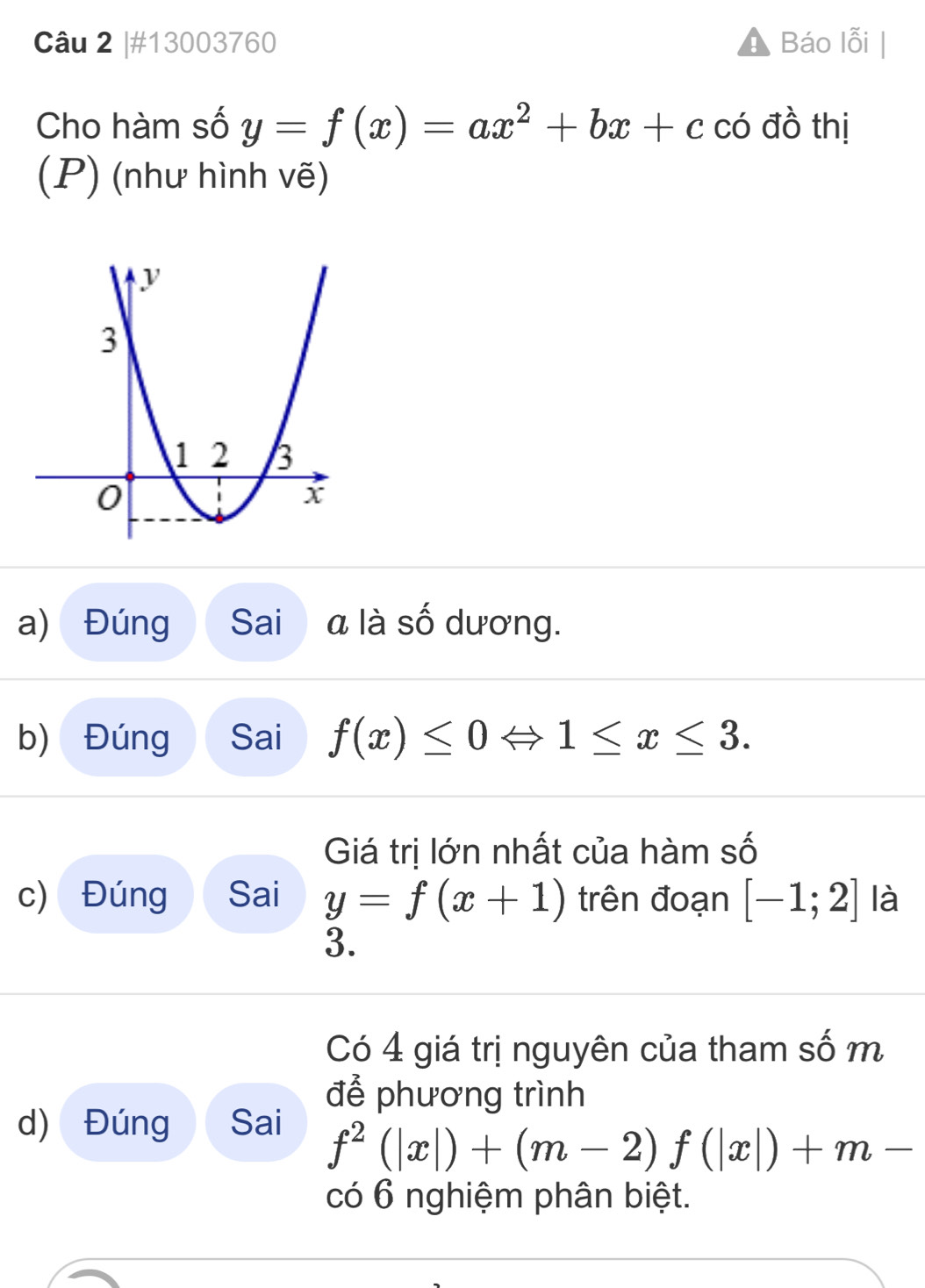 #13003760 Báo lỗi 
Cho hàm số y=f(x)=ax^2+bx+c có đồ thị 
(P) (như hình vẽ) 
a) Đúng Sai  a là số dương. 
b) Đúng Sai f(x)≤ 0Leftrightarrow 1≤ x≤ 3. 
Giá trị lớn nhất của hàm số 
c) Đúng Sai y=f(x+1) trên đoạn [-1;2] là 
3. 
Có 4 giá trị nguyên của tham số m 
để phương trình 
d) Đúng Sai
f^2(|x|)+(m-2)f(|x|)+m-
có 6 nghiệm phân biệt.