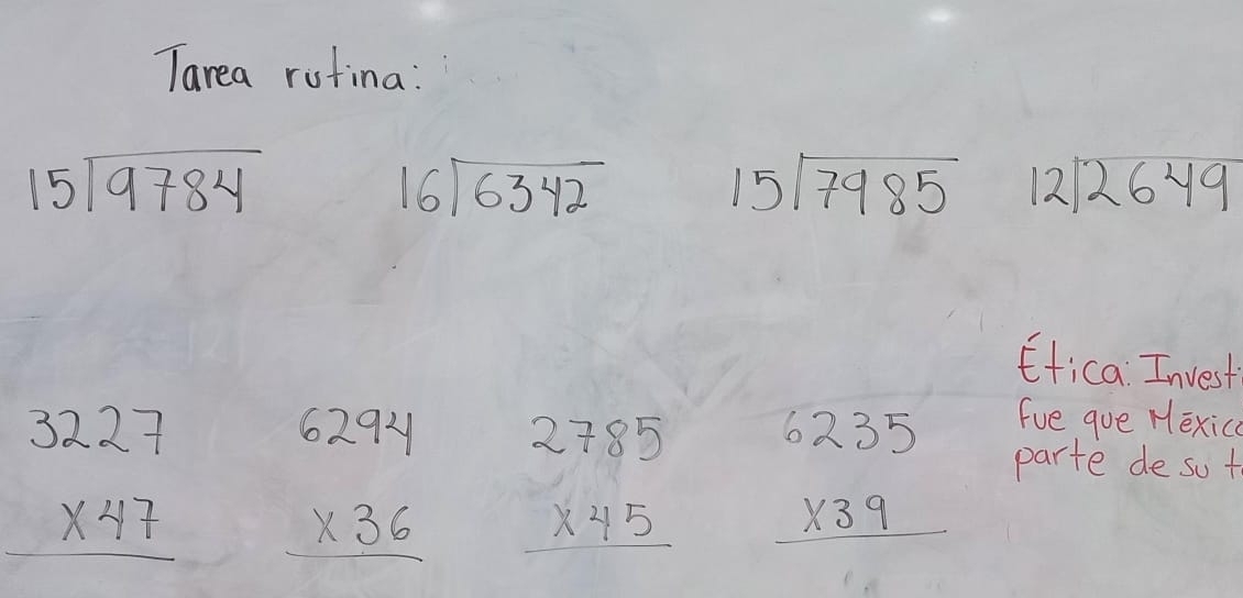 Tarea rutina:
beginarrayr  15encloselongdiv 9784endarray
beginarrayr 16encloselongdiv 6342endarray
15sqrt(7985) beginarrayr 12encloselongdiv 2649endarray
Etica Invest 
fue gue Hexic
beginarrayr 3227 * 47 hline endarray beginarrayr 6294 * 36 hline endarray beginarrayr 2785 * 45 hline endarray beginarrayr 6235 * 39 hline endarray parte de sut