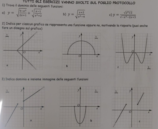 TUTTI GLI ESERCIZI VANNO SVOLTI SUL FOGLIO PROTOCOLLO
1) Trova il dominio delle seguenti funzioni:
a) y=sqrt(frac 9-x^2)2x+1+sqrt[3](frac x-1)x^2+2 b) y=sqrt(frac x+2)x^2-4 c) y= (sqrt(x^2+3))/sqrt(-x^2-2x+3) 
2) Indica per ciascun grafico se rappresenta una funzione oppure no, motivando la risposta (puoi anche
fare un disegno sul grafico)
3) Indica dominio e insieme immagine delle seguenti funzioni