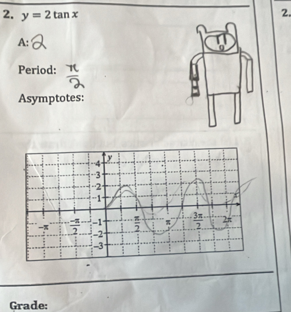 y=2tan x 2.
A:
Period:
Asymptotes:
Grade: