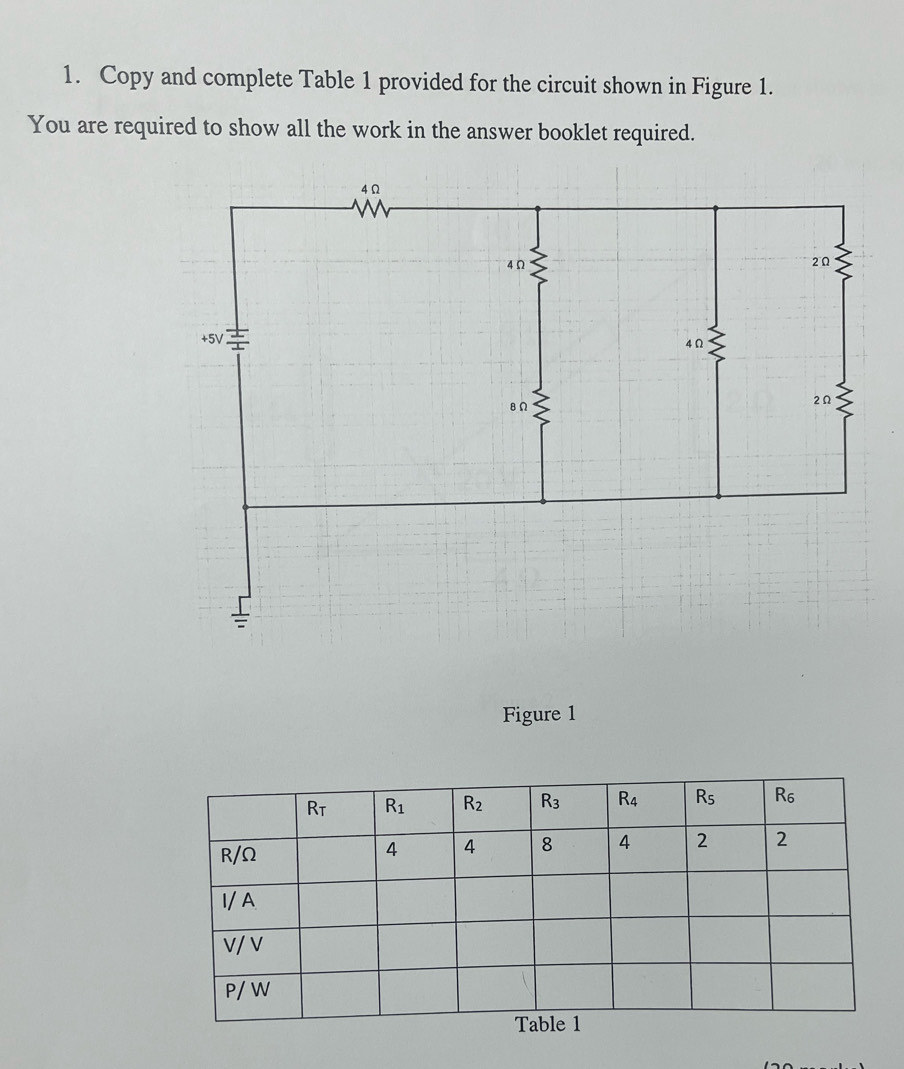 Copy and complete Table 1 provided for the circuit shown in Figure 1.
You are required to show all the work in the answer booklet required.
Figure 1