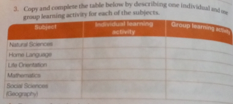 Copy and complete the table below by describing one individual and one 
ivity for each of the subjects. 
t