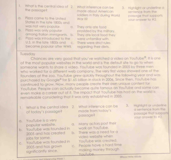 What is the central idea of 2. What inference can be 3. Highlight or underline a
the passage? made about American sentence from the
soldiers in Italy during World
a. Pizza came to the United War II9 passage that supports
States in the late 1800s and your answer to #2.
was not very popular. a. They only ate food
b. Pizza was only popular provided by the military.
among Italian immigrants. b. They ate local food they
c. Pizza was introduced to the were unfamiliar with.
U.S. in the late 1800s and c. There were strict rules
became popular after WWII. regarding their diets.
Tuesday
Chances are very good that you've watched a video on YouTube?. It is one
of the most popular websites in the world and is the default site to go to when
someone wants to share a video. YouTube was founded in 2005 by three men
who worked for a different web company. The very first video showed one of the
founders at the zoo. YouTube grew quickly throughout the following year and was
purchased by Google® for $1.65 billion in stock in 2006. Since then. YouTube has
continued to grow. Now, many people create their own unique content for
YouTube. People can actually become quite famous on YouTube and some can
even make a career out of it. The impact that YouTube has had on the world is
remarkable considering that it was only established in 2005.
1. What is the central idea 2. What inference can be 3. Highlight or underline
of today's passage? made from today's a sentence from the
passage? passage that supports
a. YouTube is a very your answer to #2.
popular website. a. Many actors post their
b. YouTube was founded in work on YouTube.
2005 and has created b. There was a need for a
jobs for some. video website when
c. YouTube was founded in YouTube was created.
2005 and has grown c. People have a hard time
significantly since. making money through
Read Wite Midale