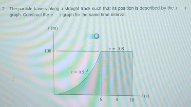 The particle travels along a straight track such that its position is described by the s-t
graph. Construct the  — r graph for the same time interval.