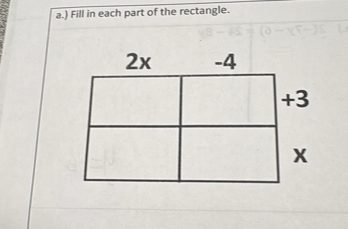 ) Fill in each part of the rectangle.
2x
-4
+3
x