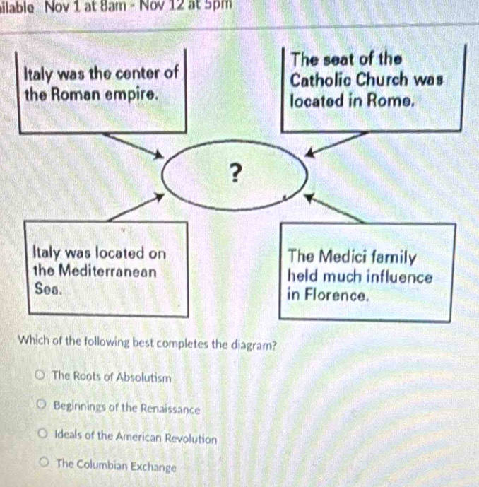 ailable Nov 1 at 8am - Nov 12 at 5pm
Which of the following best completes the diagram?
The Roots of Absolutism
Beginnings of the Renaissance
Ideals of the American Revolution
The Columbian Exchange