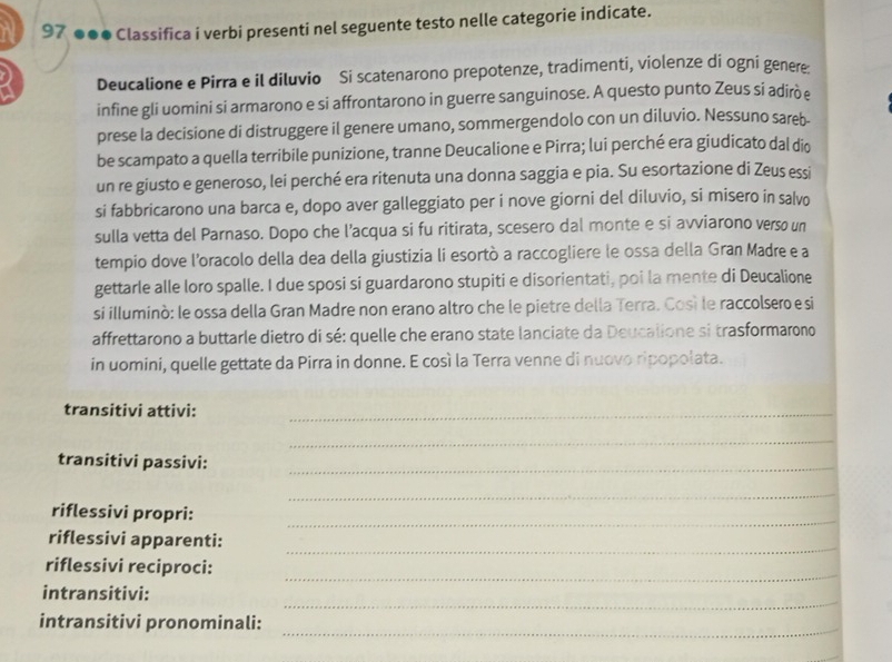 97 ●●● Classifica i verbi presenti nel seguente testo nelle categorie indicate.
Deucalione e Pirra e il diluvio Si scatenarono prepotenze, tradimenti, violenze di ogni genere
infine gli uomini si armarono e si affrontarono in guerre sanguinose. A questo punto Zeus si adiròe
prese la decisione di distruggere il genere umano, sommergendolo con un diluvio. Nessuno sareb.
be scampato a quella terribile punizione, tranne Deucalione e Pirra; lui perché era giudicato dal dio
un re giusto e generoso, lei perché era ritenuta una donna saggia e pia. Su esortazione di Zeus essi
si fabbricarono una barca e, dopo aver galleggiato per i nove giorni del diluvio, si misero in salvo
sulla vetta del Parnaso. Dopo che l’acqua si fu ritirata, scesero dal monte e si avviarono verso un
tempio dove l'oracolo della dea della giustizia li esortò a raccogliere le ossa della Gran Madre e a
gettarle alle loro spalle. I due sposi si guardarono stupiti e disorientati, poi la mente di Deucalione
si illuminò: le ossa della Gran Madre non erano altro che le pietre della Terra. Così le raccolsero esi
affrettarono a buttarle dietro di sé: quelle che erano state lanciate da Deucalione si trasformarono
in uomini, quelle gettate da Pirra in donne. E così la Terra venne di nuovo ripopolata.
transitivi attivi:_
_
transitivi passivi:_
_
riflessivi propri:
_
_
riflessivi apparenti:
_
riflessivi reciproci:
_
intransitivi:
_
intransitivi pronominali: