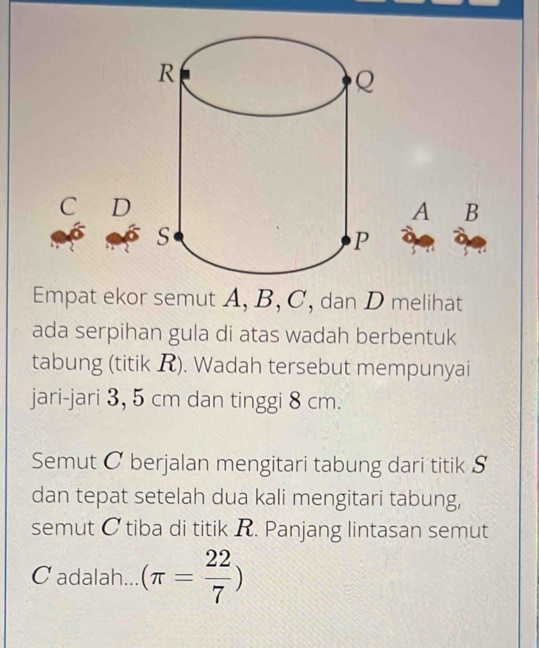 A B 
Empat ekor semut A, B, C, dan D melihat 
ada serpihan gula di atas wadah berbentuk 
tabung (titik R). Wadah tersebut mempunyai 
jari-jari 3, 5 cm dan tinggi 8 cm. 
Semut C berjalan mengitari tabung dari titik S 
dan tepat setelah dua kali mengitari tabung, 
semut C tiba di titik R. Panjang lintasan semut 
Cadalah... (π = 22/7 )