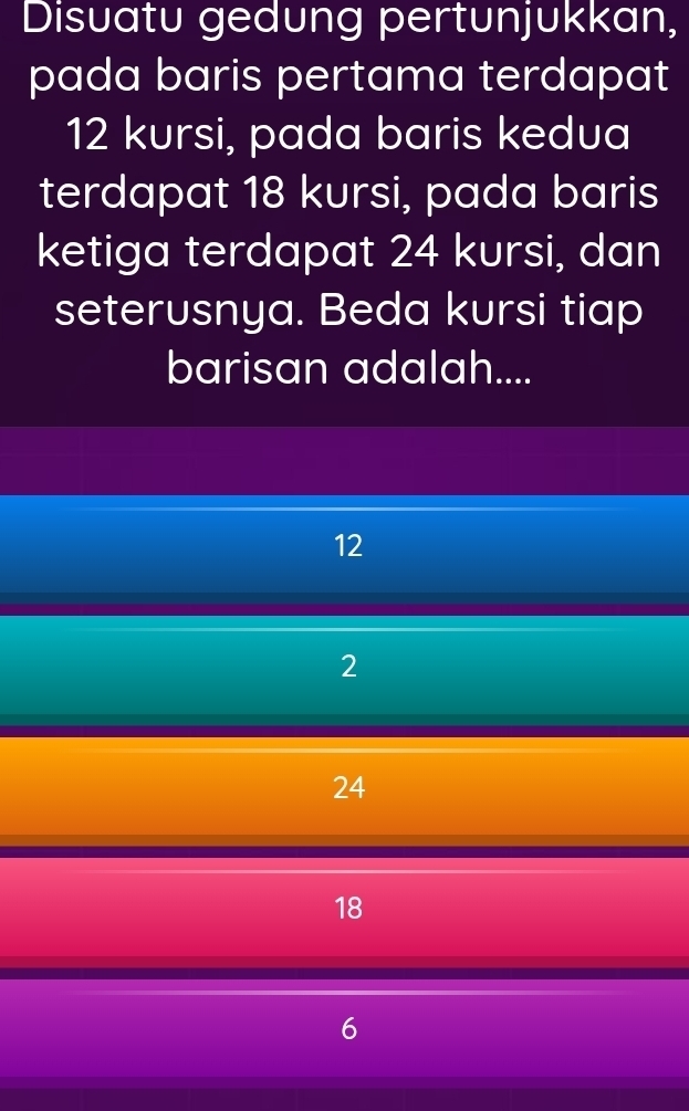 Disuatu gedung pertunjukkan,
pada baris pertama terdapat
12 kursi, pada baris kedua
terdapat 18 kursi, pada baris
ketiga terdapat 24 kursi, dan
seterusnya. Beda kursi tiap
barisan adalah....
12
2
24
18
6