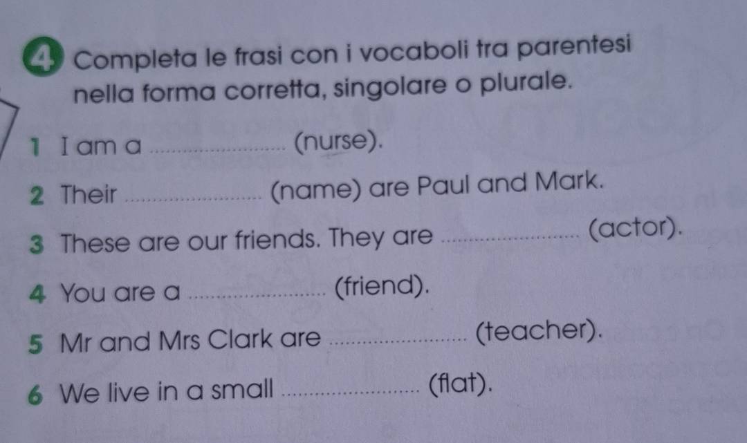 Completa le frasi con i vocaboli tra parentesi 
nella forma corretta, singolare o plurale. 
1 I am a _(nurse). 
2 Their _(name) are Paul and Mark. 
3 These are our friends. They are _(actor). 
4 You are a _(friend). 
5 Mr and Mrs Clark are _(teacher). 
6 We live in a small _(flat).