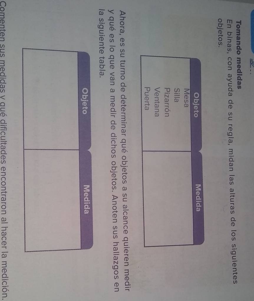 Tomando medidas 
En binas, con ayuda de su regla, midan las alturas de los siguientes 
objetos. 
Ahora, es su turno de determinar qué objetos a su alcance quieren medir 
y qué es lo que van a medir de dichos objetos. Anoten sus hallazgos en 
la siguiente tabla. 
Comenten sus medidas y qué dificultades encontraron al hacer la medición.