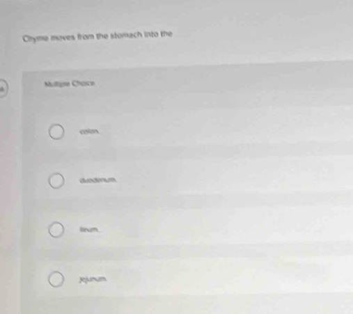 Chyme moves from the stomach into the
Multipie Chaice
an
cdm
lm.
jejunum