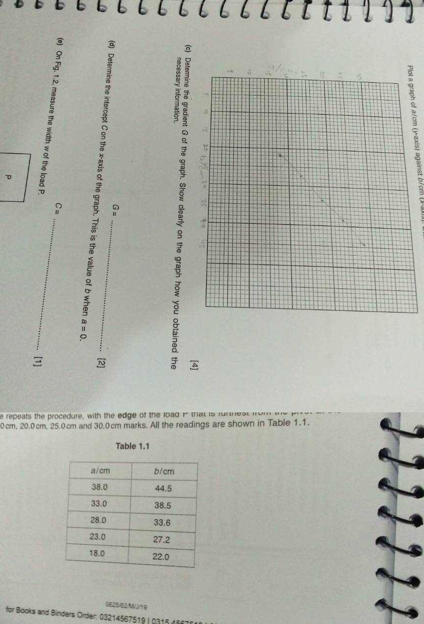 repeats the procedure, with the edge of the load P that is furtre st m
0cm, 20.0 cm, 25.0 cm and 30.0cm marks. All the readings are shown in Table 1.1. 
Table 1.1
0625/62/M/J/19 
for Books and Binders Order: 03214567519 | 0315