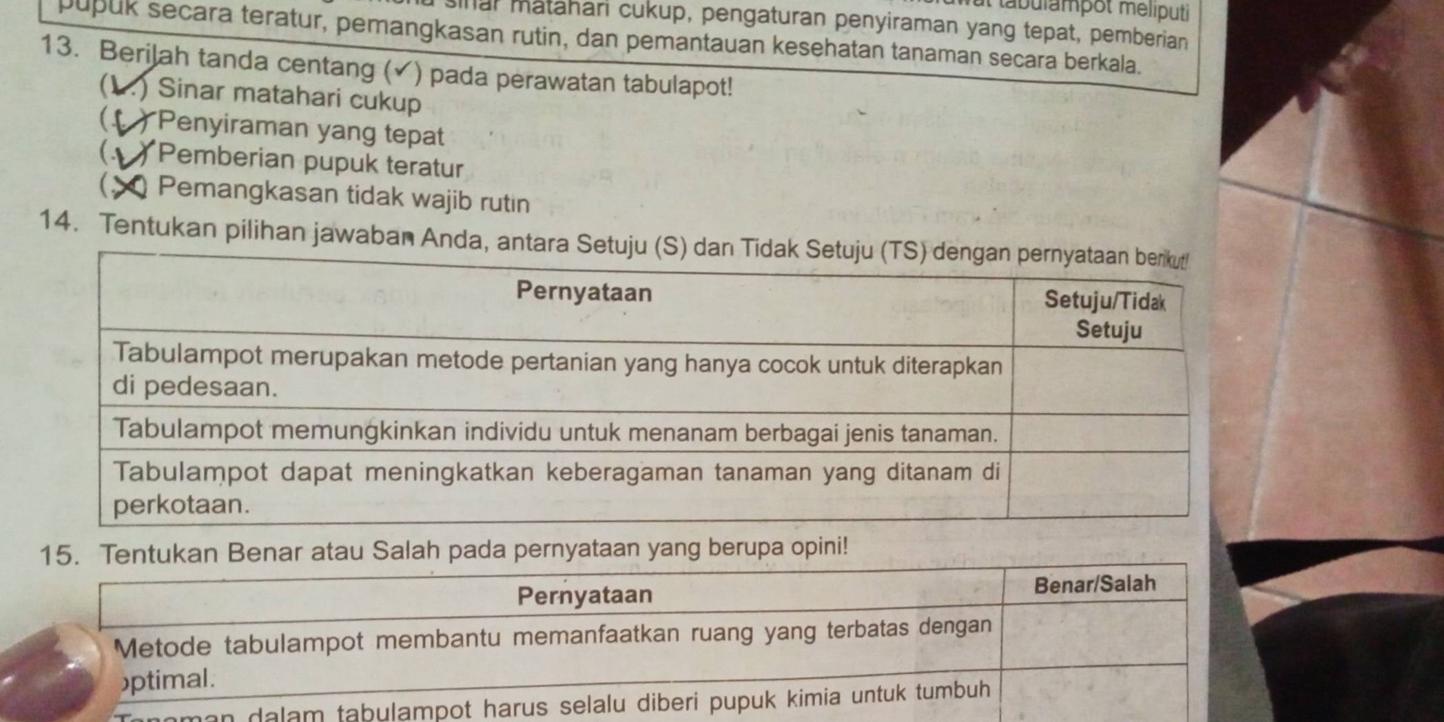 at tabulampot méliputi
sinar matahari cukup, pengaturan penyiraman yang tepat, pemberian
pupuk secara teratur, pemangkasan rutin, dan pemantauan kesehatan tanaman secara berkala.
13. Berilah tanda centang (✓) pada perawatan tabulapot!
a .) Sinar matahari cukup
( ) Penyiraman yang tepat
) Pemberian pupuk teratur
( . Pemangkasan tidak wajib rutin
14. Tentukan pilihan jawaban Anda,
nar atau Salah pada pernyataan yang berupa opini!
n da