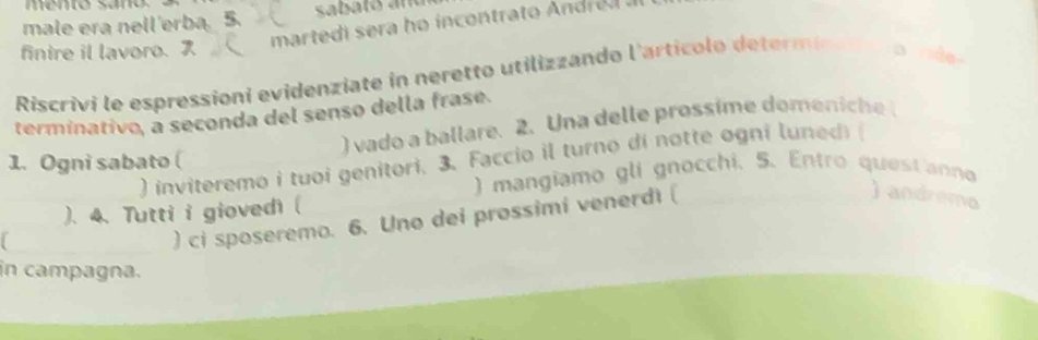 male era nell'erba 5. 
finire il lavoro. 
mar te d i ra h incontrato e 
Riscrivi le espressioni evidenziate in neretto utilizzando l'artico lo d term a rde 
terminativo, a seconda del senso della frase. 
) vado a ballare. 2. Una delle prossime domeniche 
1. Ogni sabato ( ) inviteremo i tuoi genitori. 3. Faccio il turno dí notte ogni luned) 
) mangiamo gli gnocchi. 5. Entro quest anno 
). 4. Tutti i giovedi ( 
) ci sposeremo. 6. Uno dei prossimi venerdt ( 
) andremo 
in campagna.