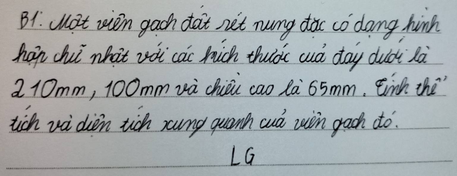 B1. ot wen gach dat net numg dac so dang hinh 
hap chii what vot cas hich thuldc cud day duci za
2 10mm, 100mm và chiòi cao là` 65mm. einh the 
tich vidien tich sung quanh aud win gach to 
LG