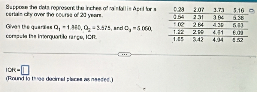 Suppose the data represent the inches of rainfall in April for a 
certain city over the course of 20 years. 
Given the quartiles Q_1=1.860, Q_2=3.575 , and Q_3=5.050, 
compute the interquartile range, IQR.
IQR=□
(Round to three decimal places as needed.) 
: