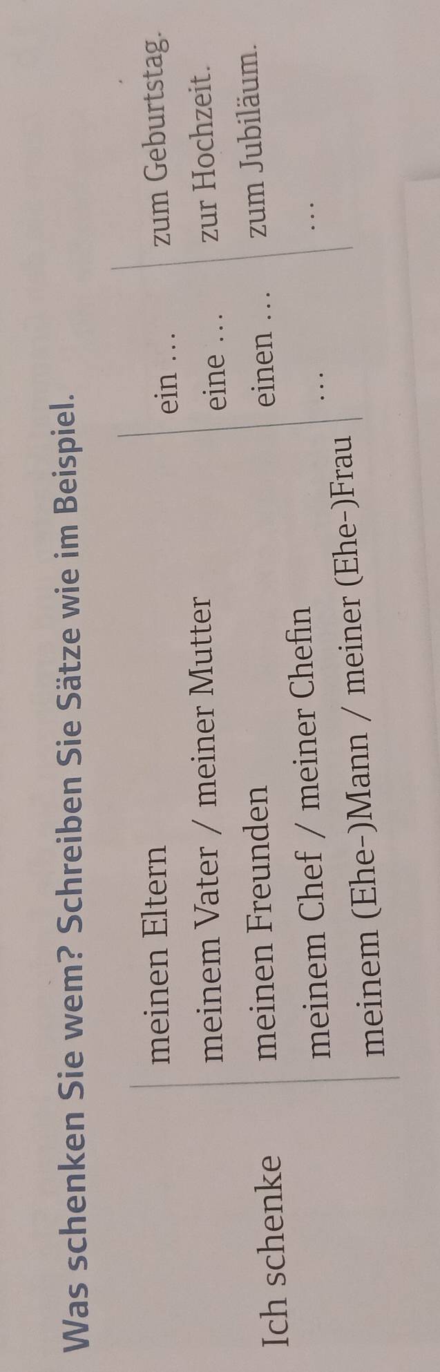 Was schenken Sie wem? Schreiben Sie Sätze wie im Beispiel. 
meinen Eltern _zum Geburtstag. 
ein . . 
meinem Vater / meiner Mutter _zur Hochzeit. 
eine .. . 
Ich schenke meinen Freunden einen . zum Jubiläum. 
_ 
meinem Chef / meiner Chefin 
_ 
meinem (Ehe-)Mann / meiner (Ehe-)Frau