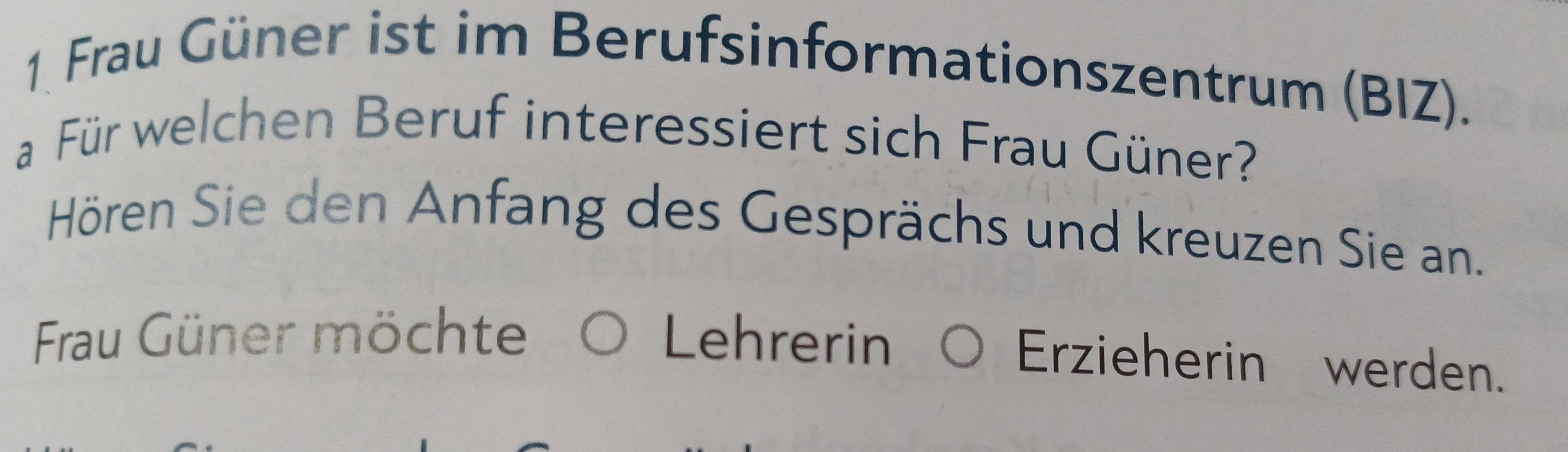 Frau Güner ist im Berufsinformationszentrum (BIZ). 
a Für welchen Beruf interessiert sich Frau Güner? 
Hören Sie den Anfang des Gesprächs und kreuzen Sie an. 
Frau Güner möchte Lehrerin 
Erzieherin werden.