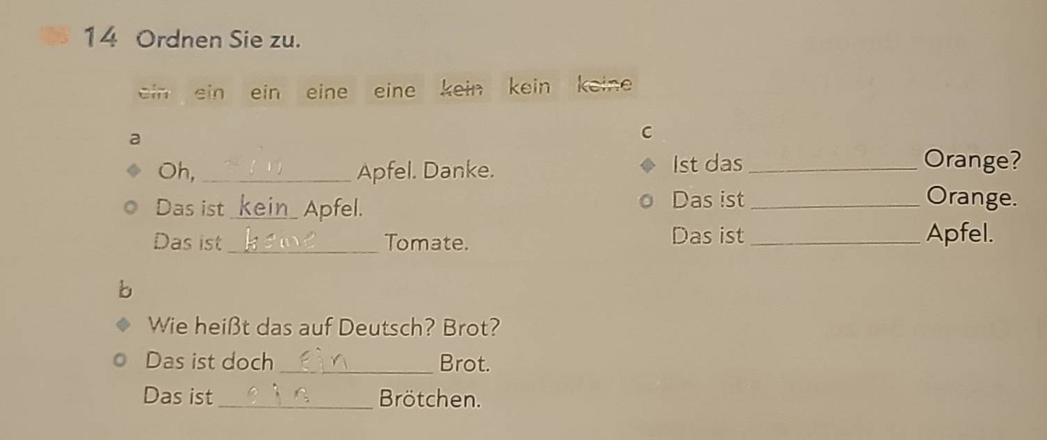 Ordnen Sie zu. 
ein ein ein eine eine kein kein kein 
a 
C 
Oh, _Apfel. Danke. 1st das_ 
Orange? 
Das ist_ kein_ Apfel. 
Das ist _Orange. 
Das ist_ Tomate. Das ist_ Apfel. 
b 
Wie heißt das auf Deutsch? Brot? 
Das ist doch _Brot. 
Das ist_ Brötchen.