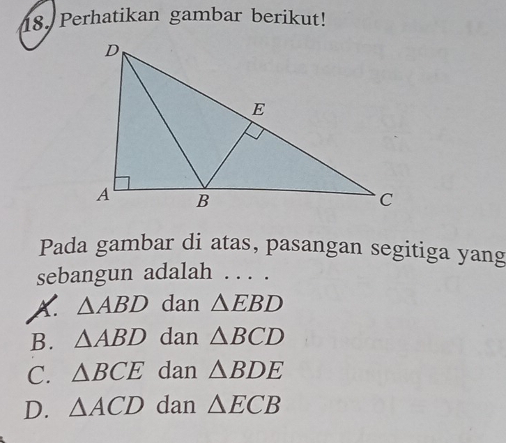 Perhatikan gambar berikut!
Pada gambar di atas, pasangan segitiga yang
sebangun adalah . . . .
A. △ ABD dan △ EBD
B. △ ABD dan △ BCD
C. △ BCE dan △ BDE
D. △ ACD dan △ ECB