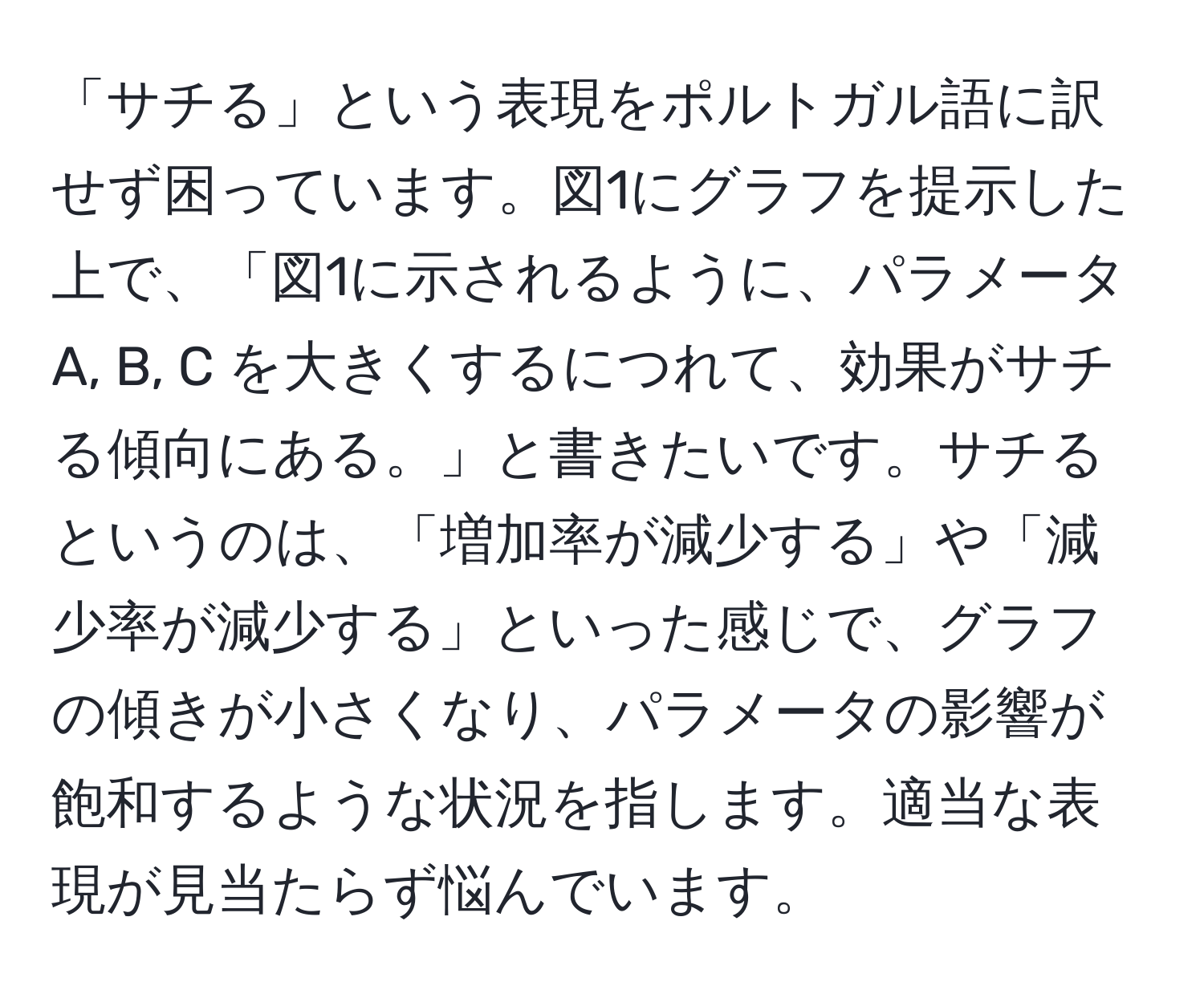 「サチる」という表現をポルトガル語に訳せず困っています。図1にグラフを提示した上で、「図1に示されるように、パラメータ A, B, C を大きくするにつれて、効果がサチる傾向にある。」と書きたいです。サチるというのは、「増加率が減少する」や「減少率が減少する」といった感じで、グラフの傾きが小さくなり、パラメータの影響が飽和するような状況を指します。適当な表現が見当たらず悩んでいます。