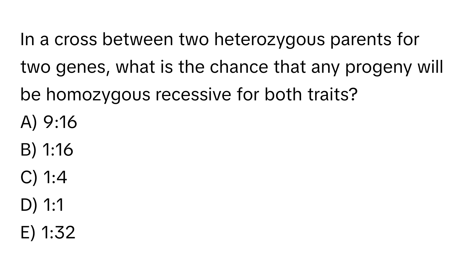 In a cross between two heterozygous parents for two genes, what is the chance that any progeny will be homozygous recessive for both traits?
A) 9:16
B) 1:16
C) 1:4
D) 1:1
E) 1:32