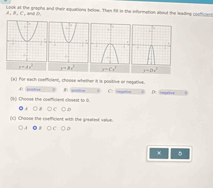 Look at the graphs and their equations below. Then fill in the information about the leading coefficient
A , B, C , and D.
y=Ax^2
y=Bx^2 y=Cx^2 y=Dx^2
(a) For each coefficient, choose whether it is positive or negative.
A： positive B；positive C:negative D: negative
(b) Choose the coefficient closest to 0.
A B C D
(c) Choose the coefficient with the greatest value.
A B D
× 5