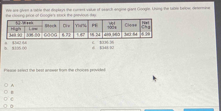 We are given a table that displays the current value of search engine giant Google. Using the table below, determine
the closing price of Google's stock the previous day.
a. $342.64 c. $336.36
b. $335.00 d. $348.92
Please select the best answer from the choices provided
A
B
C
D