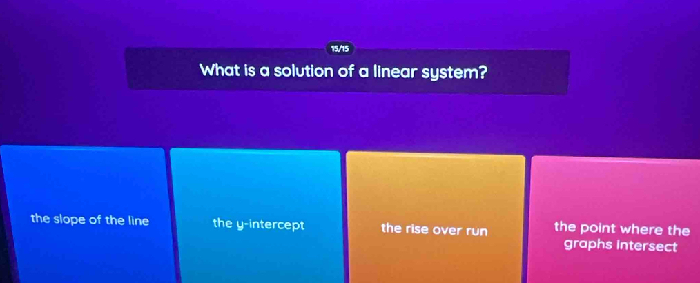 What is a solution of a linear system?
the slope of the line the y-intercept the rise over run the point where the
graphs intersect