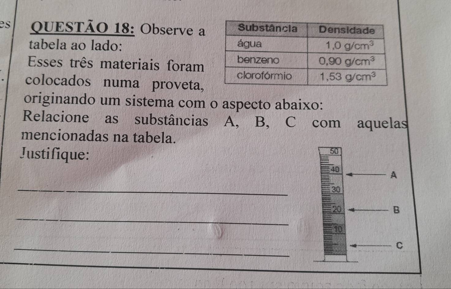 es QUESTÃO 18: Observe a
tabela ao lado: 
Esses três materiais foram
colocados numa proveta,
originando um sistema com o aspecto abaixo:
Relacione as substâncias A, B, C com aquelas
mencionadas na tabela.
Justifique:
50
40
A
_
30
_
20
B
10
_
C