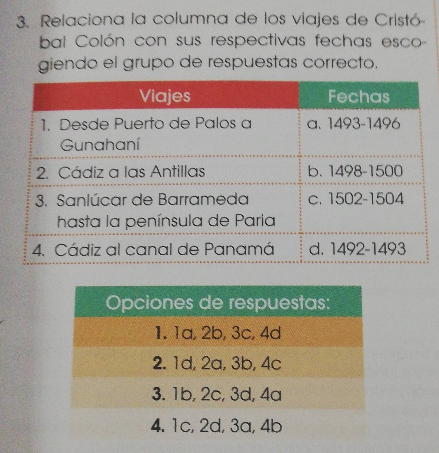 Relaciona la columna de los viajes de Cristó 
bal Colón con sus respectivas fechas esco- 
giendo el grupo de respuestas correcto.