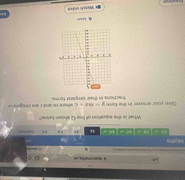 AA 
# sparxmaths.uk C 
e in Te Jons Saezod Tamlnarte 。 Sporz Ma 
Moths 7,941 
5 A 6B 5C 5D 5E 5F 5 G 5H Summary 
What is the equation of line G shown below? 
Give your answer in the form y=mx+c , where m and c are integers or 
fractions in their simplest forms. 
Zoom 
An 
Watch video 
Previous